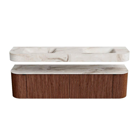 MONDIAZ THOR-DLUX 180cm meuble de salle de bains arrondi gauche + droite couleur Ruby avec 2 tiroirs et 2 portes. Vasque suspendue CLOUD Double sans trou de robinet couleur Frappe. SW1466022