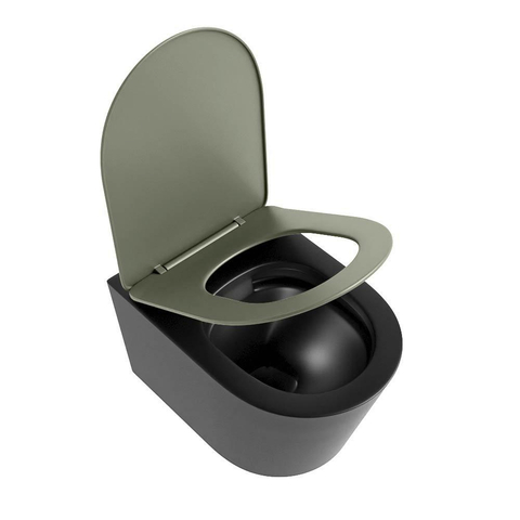 Mondiaz LAVIE hangtoilet – spoelrandloos – 36 x 53 cm – met softclose zitting – Urban (zwart), zitting Army (groen) SW1208580