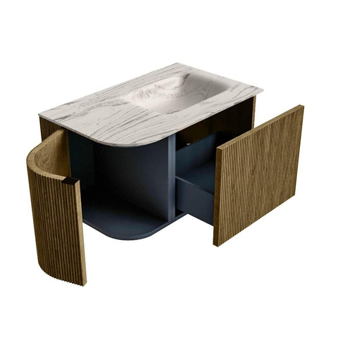 MONDIAZ KURVE-DLUX meuble de salle de bains 75cm arrondi à gauche couleur Dusk avec 1 tiroir et 1 porte. Lavabo GRUNNE à droite sans trou de robinetterie Nata. SW1432342