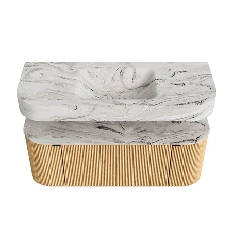 MONDIAZ THOR-DLUX 120cm badmeubel ronding links + rechts kleur Oak met 1 lade en 2 deuren. Vrijhangende wastafel CLOUD Midden 1 kraangat kleur Glace. SW1463055