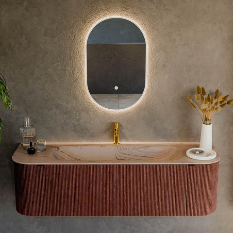 MONDIAZ KURVE-DLUX Meuble de salle de bains 150cm arrondi Gauche + Droite couleur Ruby avec 1 tiroir et 2 portes. Lavabo BIG MEDIUM Central 1 trou de robinet Arena. SW1431508