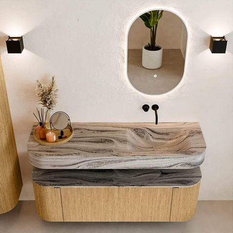 MONDIAZ THOR-DLUX 140cm badmeubel ronding links + rechts kleur Oak met 1 lade en 2 deuren. Vrijhangende wastafel CLOUD Rechts zonder kraangat kleur Sombra. SW1464342