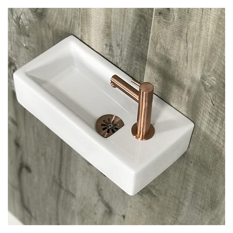 Differnz Hura kit lave-mains - 37,5x18,5x9cm - Rectangulaire - 1 trou de robinet - Robinet droit en cuivre rose - Céramique blanche SW285494