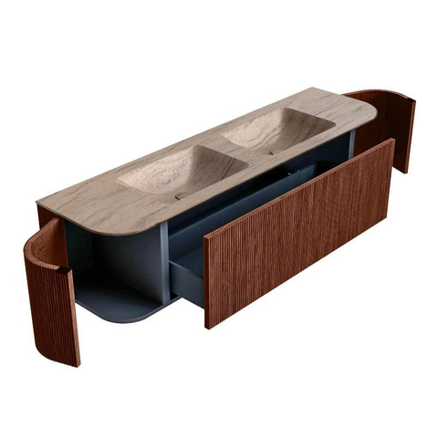 MONDIAZ KURVE-DLUX 170cm meuble de salle de bains arrondi Gauche + Droite couleur Ruby avec 1 tiroir et 2 portes. Lavabo LEAF Double 2 trous de robinet Saba. SW1433499