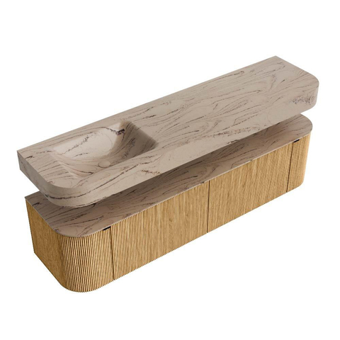 MONDIAZ THOR-DLUX 180cm badmeubel ronding links + rechts kleur Oak met 2 lades en 2 deuren. Vrijhangende wastafel CLOUD Links 1 kraangat kleur Arena. SW1466117