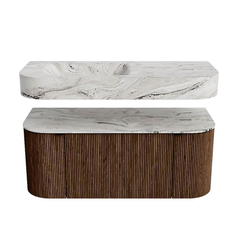 MONDIAZ THOR-DLUX 110cm badmeubel ronding links + rechts kleur Walnut met 1 lade en 2 deuren. Vrijhangende wastafel CLOUD Links 1 kraangat kleur Glace. SW1462792