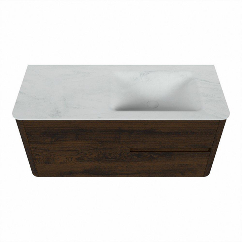 Mondiaz CIRO-DLUX Meuble de salle de bains - 110x45x50cm - Plan vasque solid surface Opalo - 1 vasque à droite - sans trous de robinet - 2 tiroirs - Noyer SW1530206
