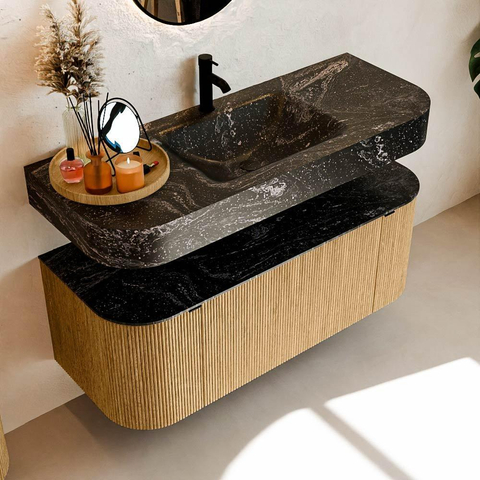 MONDIAZ THOR-DLUX Meuble de salle de bains 120cm arrondi gauche + droite couleur Oak avec 1 tiroir et 2 portes. Vasque suspendue CLOUD Milieu 1 trou de robinet couleur Lava. SW1463084
