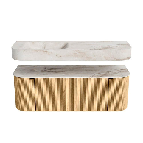 MONDIAZ THOR-DLUX 130cm meuble de salle de bains arrondi gauche + droite couleur Oak avec 1 tiroir et 2 portes. Vasque suspendue CLOUD Gauche sans trou de robinet couleur Frappe. SW1463677