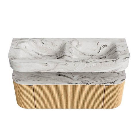 MONDIAZ THOR-DLUX 130cm badmeubel ronding links + rechts kleur Oak met 1 lade en 2 deuren. Vrijhangende wastafel CLOUD Dubbel zonder kraangat kleur Glace. SW1463526