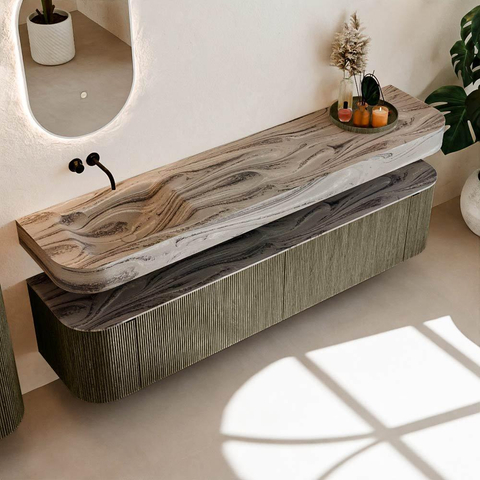MONDIAZ THOR-DLUX 200cm meuble de salle de bains arrondi gauche + droite couleur Shadow avec 2 tiroirs et 2 portes. Vasque suspendue CLOUD Gauche sans trou de robinet couleur Sombra. SW1467282
