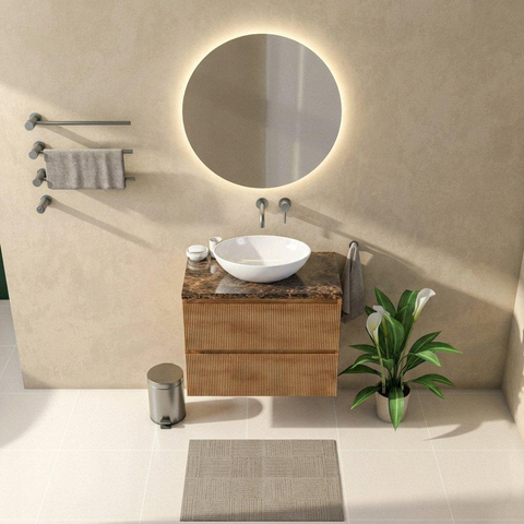 Saniclass Holz Atelier Badkamermeubelset - 80x45x63cm - Noche natuurstenen topblad dark emperador - zonder kraangat - 2 lades - mat eiken natural (hout) SW1478252
