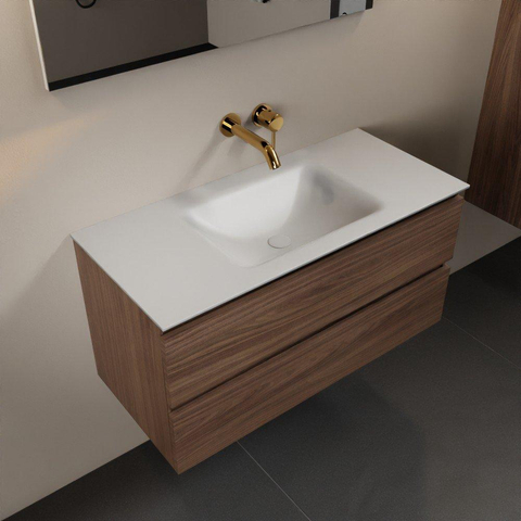 Mondiaz Aivy badmeubelset - 100x45x50cm - 0 kraangaten - 1 wasbak talc Solid surface - Midden - 2 lades - Met spiegel - Melamine Mocha SW892307