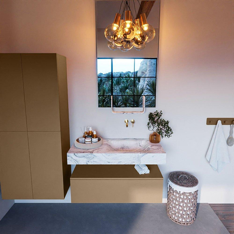 Mondiaz ALAN-DLUX Ensemble de meuble - 100cm - meuble Oro mat - 1 tiroir - Lavabo Cloud Glace suspendu - vasque Droite - 0 trous de robinet SW805995
