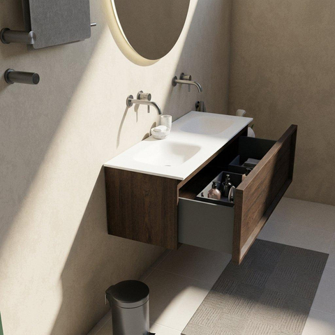 Saniclass Holz Frame Badkamermeubelset - 120x45x41.5cm - Flow solid surface wastafel wit - 2 wasbakken - zonder kraangaten - 1 lade - mat eiken charcoal (hout) SW1478414