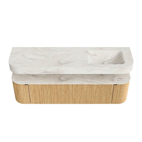 MONDIAZ THOR-DLUX 170cm badmeubel ronding links + rechts kleur Oak met 1 lade en 2 deuren. Vrijhangende wastafel CLOUD Rechts zonder kraangat kleur Ostra. SW1465556