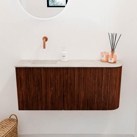 Mondiaz JOYA-DLUX 91.6cm toiletmeubel - ronding rechts kleur Ruby - Wastafel FAYE positie Links Zonder kraangat kleur Ostra. SW1423813