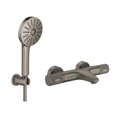 Grohe Precision Feel Thermostatische Badkraan - 31.3cm - Vitalio Joy Badset - ronde handdouche - 3 straalsoorten - met houder - brushed hard graphite (antraciet) SW1552914