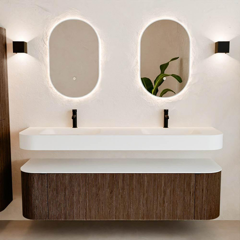 MONDIAZ THOR Meuble de salle de bains 170cm arrondi gauche + droite couleur Walnut avec 1 tiroir et 2 portes. Vasque suspendue CLOUD Double 2 trous de robinet couleur Talc. SW1465553