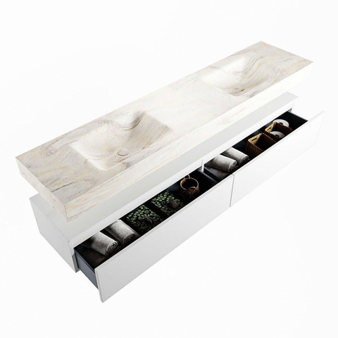 Mondiaz ALAN-DLUX Ensemble de meuble - 200cm - meuble Talc mat - 2 tiroirs - Lavabo Cloud Ostra suspendu - vasque Gauche et droite - 0 trous de robinet SW807143