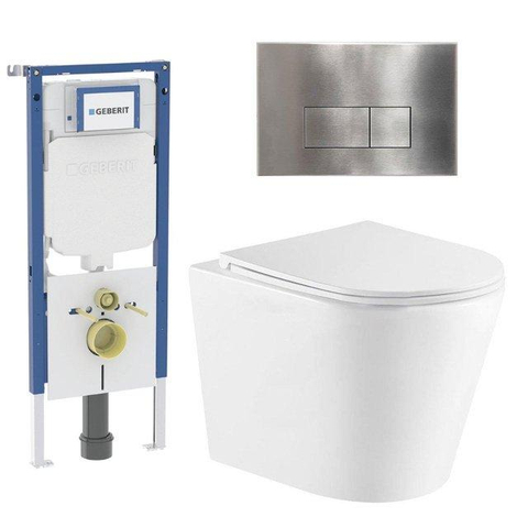 QeramiQ Dely Toiletset - 36.3x51.7cm - diepspoel - rimless - Geberit UP720 inbouwreservoir - softclose toiletzitting - steel bedieningsplaat - rechtehoekige knoppen - met Burda frame - mat wit SW1428758