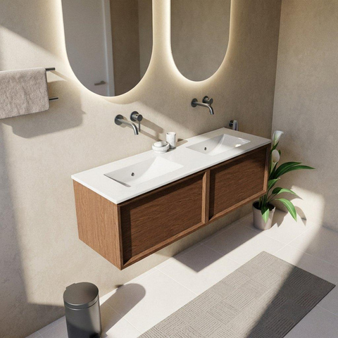 Saniclass Holz Frame Ensemble meuble de salle de bains - 140x45x42cm - lavabo Vygo en céramique blanc - 2 vasques - sans trous de robinet - 2 tiroirs - brillant walnut pure (bois) SW1437761