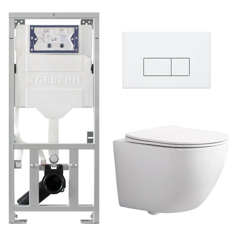 Pack WC QeramiQ Dely Swirl Compact - réservoir encastrable Geberit UP320 - avec bâti-support Burda - abattant slim - plaque de commande en métal blanc mat - boutons rectangulaires - blanc brillant SW1592287