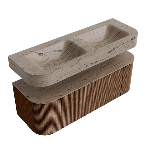 MONDIAZ THOR-DLUX 130cm meuble de salle de bains arrondi gauche + droite couleur Walnut avec 1 tiroir et 2 portes. Vasque suspendue CLOUD Double sans trou de robinet couleur Arena. SW1463778