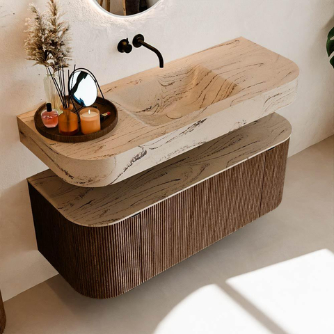 MONDIAZ THOR-DLUX 120cm badmeubel ronding links + rechts kleur Walnut met 1 lade en 2 deuren. Vrijhangende wastafel CLOUD Midden zonder kraangat kleur Arena. SW1463421