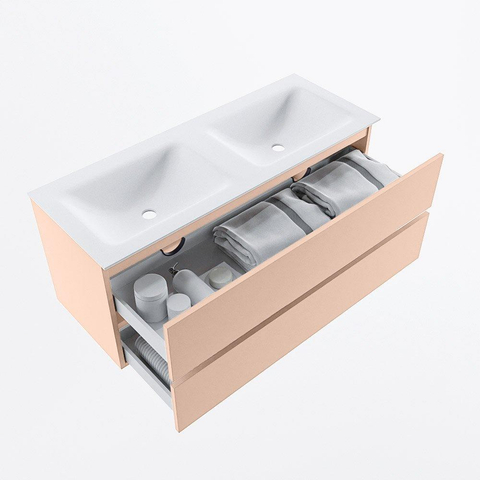 MONDIAZ VICA Ensemble meuble de salle de bains - 120cm - meuble bas rosee - 2 tiroirs - vasque cloud double - sans trous de robinet - version haute 60cm - talc SW1083540