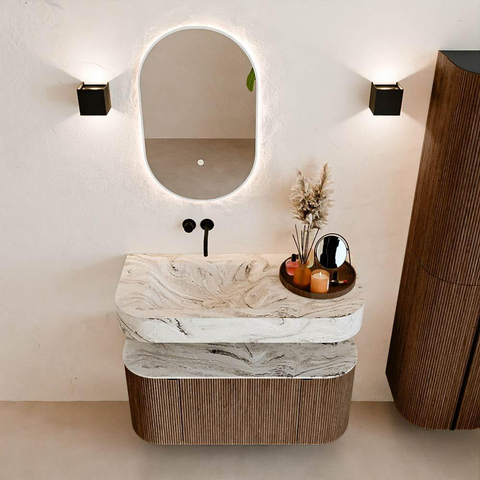 MONDIAZ THOR-DLUX 100cm meuble de salle de bains arrondi gauche + droite couleur Walnut avec 1 tiroir et 2 portes. Vasque suspendue CLOUD Gauche sans trou de robinet couleur Glace. SW1467335