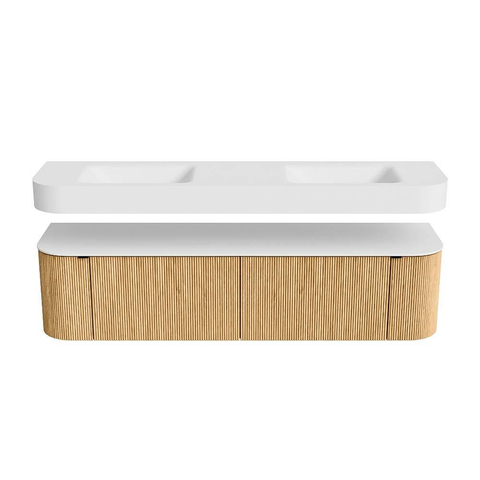 MONDIAZ THOR 180cm meuble de salle de bains arrondi gauche + droite couleur Oak avec 2 tiroirs et 2 portes. Vasque suspendue CLOUD Double sans trou de robinet couleur Talc. SW1465890