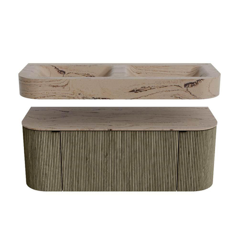 MONDIAZ THOR-DLUX 120cm meuble de salle de bains arrondi gauche + droite couleur Shadow avec 1 tiroir et 2 portes. Vasque suspendue CLOUD Double sans trou de robinet couleur Arena. SW1463342