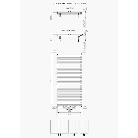 Plieger Florian Nxt M designradiator dubbel horizontaal met middenaansluiting 1216x600mm 980W wit 7255226