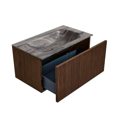 MONDIAZ KURVE-DLUX Meuble de salle de bains 80cm couleur Walnut avec 1 tiroir et 0 porte. Lavabo BIG SMALL Centre sans trou de robinet Sombra. SW1433648