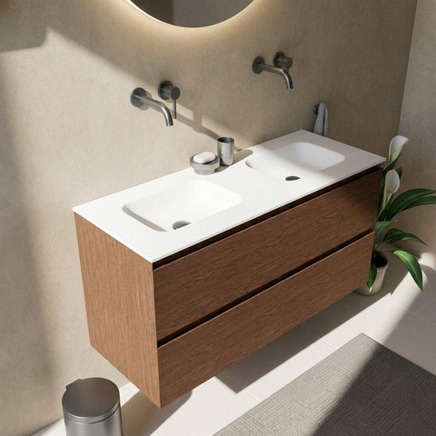 Saniclass Holz Pure Badkamermeubelset - 120x45x61.5cm - Flow solid surface wastafel wit - 2 wasbakken - zonder kraangaten - 4 lades - mat walnut pure (hout) SW1478415