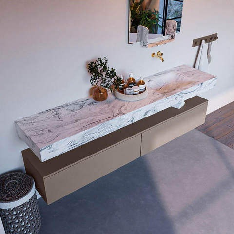 Mondiaz ALAN-DLUX Ensemble de meuble - 200cm - meuble Smoke mat - 2 tiroirs - Lavabo Cloud Glace suspendu - vasque Droite - 0 trous de robinet SW805032
