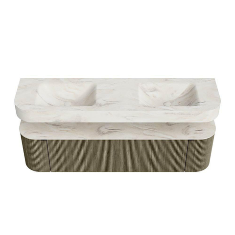 MONDIAZ THOR-DLUX 170cm meuble de salle de bains arrondi gauche + droite couleur Shadow avec 1 tiroir et 2 portes. Vasque suspendue CLOUD Double 2 trous de robinet couleur Ostra. SW1465544