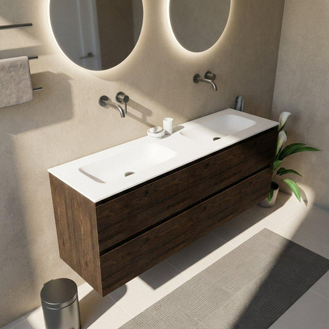 Saniclass Holz Pure Badkamermeubelset - 160x45x61.5cm - Flow solid surface wastafel wit - 2 wasbakken - zonder kraangaten - 4 lades - mat eiken charcoal (hout) SW1478449