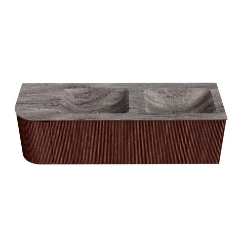 MONDIAZ KURVE-DLUX 145cm badmeubel ronding Links kleur Ruby met 1 lade en 1 deur. Wastafel LEAF Dubbel / Rechts zonder kraangat Oza. SW1432819