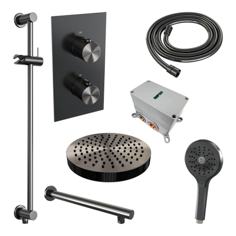BRAUER Stripe Thermostatische Inbouw Regendouche - 3-weg - rechthoekig - SET 22 - 25cm douchekop - rechte muurarm - 3-standen handdouche - doucheslang - geïntegreerde glijstang - gunmetal geborsteld PVD SW1435254