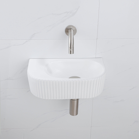 QeramiQ Fuente fonteinset – halfrond – 40x21.5x12 cm – keramiek wit mat – kraan geborsteld RVS – geribbeld SW1233103
