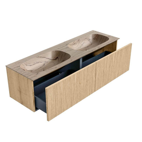 MONDIAZ KURVE-DLUX 150cm badmeubel kleur Oak met 2 lades en 0 deuren. Wastafel STOR SMALL Dubbel 2 kraangaten Arena. SW1431193
