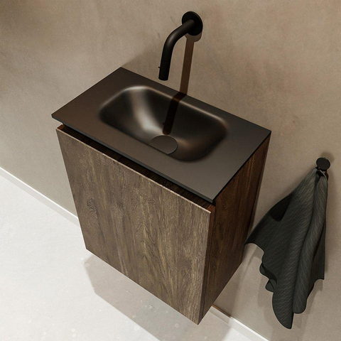 MONDIAZ TURE Fonteinset - 40x23x50cm - 0 kraangaten - 1 deur - dark brown mat - Wasbak midden - Solid Surface Zwart SW475517