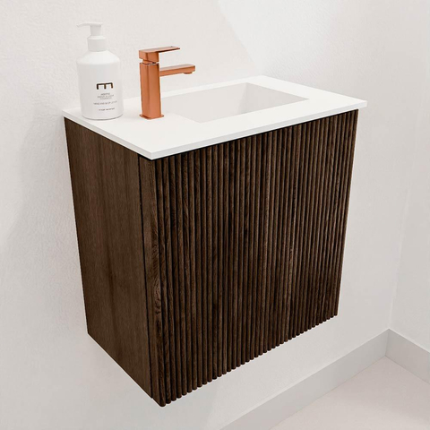 Mondiaz JOYA 40cm toiletmeubel - kleur Walnut - Wastafel FAYE positie Rechts 1 kraangat kleur Talc. SW1421239