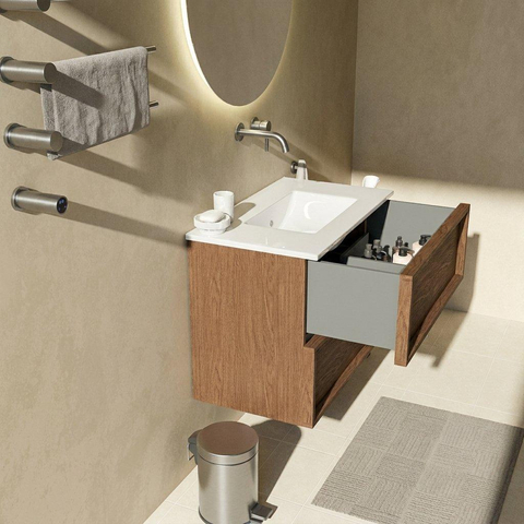 Saniclass Holz Frame Badkamermeubelset - 80x45x62cm - Vygo keramische wastafel wit - 1 wasbak - zonder kraangat - 2 lades - mat walnut pure (hout) SW1579941