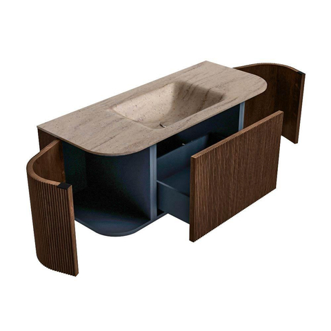 MONDIAZ KURVE-DLUX 110cm badmeubel ronding Links + Rechts kleur Walnut met 1 lade en 2 deuren. Wastafel CLOUD Midden 1 kraangat Saba. SW1433149