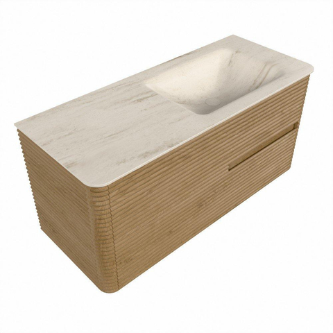 Mondiaz CIRO-DLUX Ensemble de meubles de salle de bains - 110x45x50cm - vasque solid surface Meli - 1 lavabo à droite - sans trous de robinet - 2 tiroirs - Chêne SW1531406