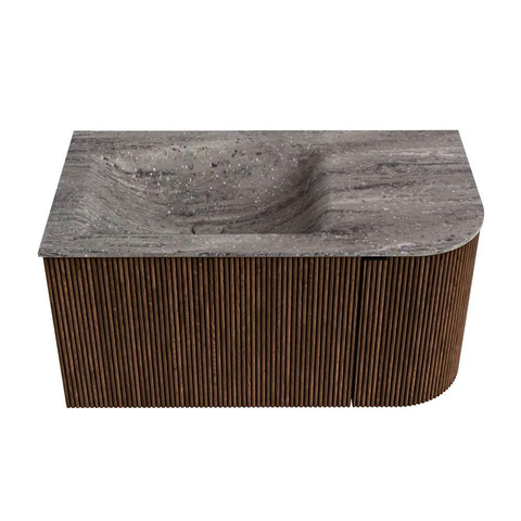 MONDIAZ KURVE-DLUX 85cm badmeubel ronding Rechts kleur Walnut met 1 lade en 1 deur. Wastafel CLOUD Links 1 kraangat Oza. SW1432705