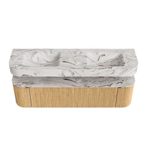 MONDIAZ THOR-DLUX 170cm meuble de salle de bains arrondi gauche + droite couleur Chêne avec 1 tiroir et 2 portes. Vasque suspendue CLOUD Double 2 trous de robinet couleur Glace. SW1465416